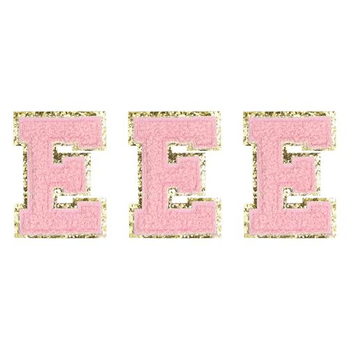 QUARKZMAN Chenille-Buchstaben E Patches Große Größe 82mm/3,23 Zoll Aufbügelbare Buchstaben E Patches Goldener Glitzer Bestickte Patches für Kleidung,Rucksäcke Packung mit 3 (Pink) von QUARKZMAN