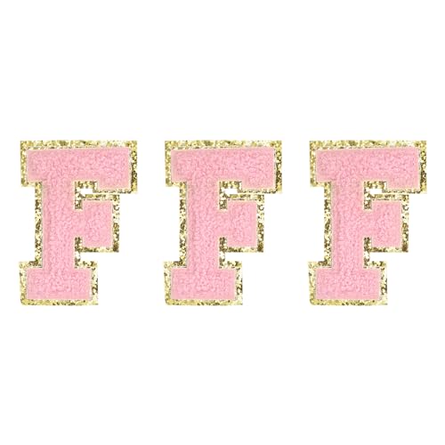 QUARKZMAN Chenille Buchstaben F Aufnäher Großformat 80mm/3.15" Aufbügelbare Buchstaben F Aufnäher Goldener Glitter Gestickte Aufnäher für Kleidung Schuhe Hüte Rucksäcke Pack von 3(Rosa) von QUARKZMAN
