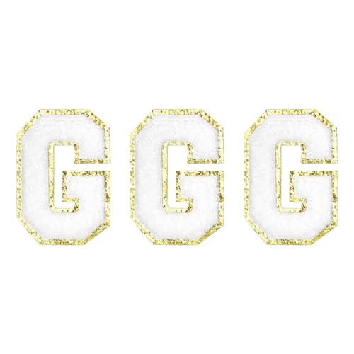 QUARKZMAN Chenille Buchstaben G Patches Große Größe 80mm/3,15 Zoll Aufbügelbare Buchstaben G Patches Goldener Glitzer Bestickte Patches für Kleidung,Rucksäcke Packung mit 3 (Weiß) von QUARKZMAN