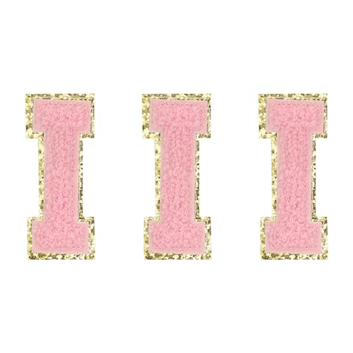 QUARKZMAN Chenille-Buchstaben I Patches Große Größe 80mm/3,15 Zoll Aufbügelbare Buchstaben I Patches Goldene Glitzerstickerei für Kleidung, Schuhe, Hüte, Rucksäcke Packung mit 3 (Pink) von QUARKZMAN
