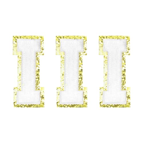 QUARKZMAN Chenille-Buchstaben I Patches Große Größe 80mm/3,15 Zoll Aufbügelbare Buchstaben I Patches Goldene Glitzerstickerei für Kleidung, Schuhe, Hüte, Rucksäcke Packung mit 3 (Weiß) von QUARKZMAN