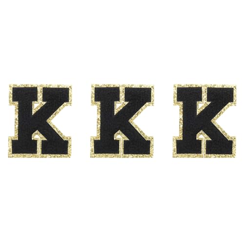 QUARKZMAN Chenille-Buchstaben K Patches Große Größe 80mm/3,15 Zoll Aufbügelbare Buchstaben K Patches Goldene Glitzerstickerei für Kleidung, Schuhe, Hüte, Rucksäcke Packung mit 3 (Schwarz) von QUARKZMAN
