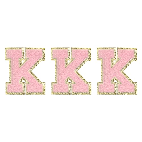 QUARKZMAN Chenille-Buchstaben K Patches Große Größe 83mm/3,27 Zoll Aufbügelbare Buchstaben K Patches Goldene Glitzerstickerei für Kleidung, Schuhe, Hüte, Rucksäcke Packung mit 3 (Pink) von QUARKZMAN