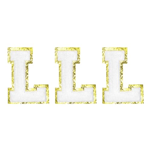 QUARKZMAN Chenille Buchstaben L Patches Große Größe 82mm/3.23 Zoll Aufbügelbare Buchstaben L Patches Goldene Glitzerstickerei für Kleidung, Schuhe, Hüte, Rucksäcke Packung mit 3 (Weiß) von QUARKZMAN