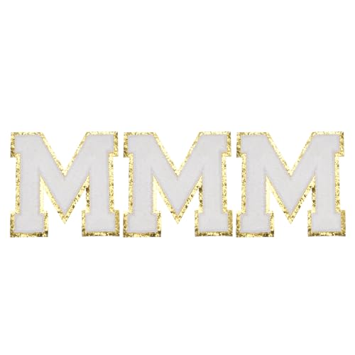 QUARKZMAN Chenille Buchstaben M Patches Große Größe 4-1/2 Zoll Bügelbuchstaben M Patches Gold Glitzer Bestickte Patches für Kleidung, Schuhe, Hüte, Rucksäcke Packung mit 3 (Weiß) von QUARKZMAN
