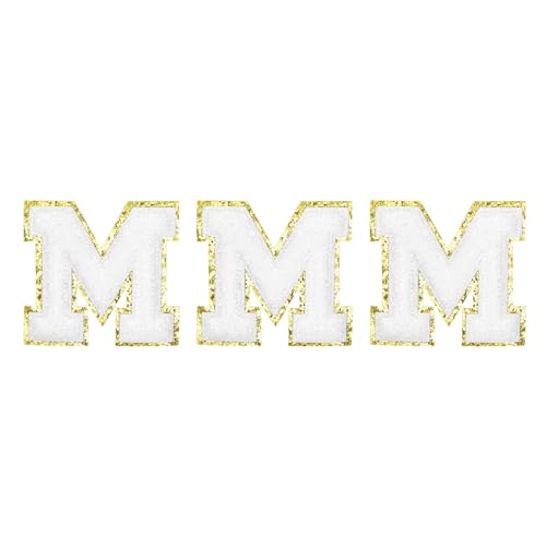 QUARKZMAN Chenille Buchstaben M Patches Große Größe 80mm/3,15 Zoll Aufbügelbare Buchstaben M Patches Goldene Glitzerstickerei für Kleidung, Schuhe, Hüte, Rucksäcke Packung mit 3 (Weiß) von QUARKZMAN