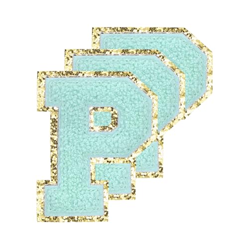 QUARKZMAN Chenille Buchstaben P Patches Große Größe 80mm/3,15 Zoll Aufbügelbare Buchstaben P Patches Goldene Glitzerstickerei für Kleidung, Schuhe, Hüte, Rucksäcke Packung mit 3 (Blau) von QUARKZMAN
