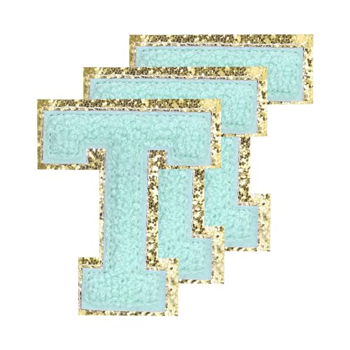 QUARKZMAN Chenille Buchstaben T Patches Große Größe 80mm/3,15 Zoll Aufbügelbare Buchstaben T Patches Goldene Glitzerstickerei für Kleidung, Schuhe, Hüte, Rucksäcke Packung mit 3 (Blau) von QUARKZMAN