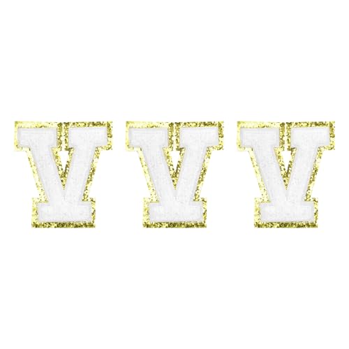 QUARKZMAN Chenille Buchstaben V Patches Große Größe 80mm/3,15 Zoll Aufbügelbare Buchstaben V Patches Goldener Glitzer Bestickte Patches für Kleidung,Rucksäcke Packung mit 3 (Weiß) von QUARKZMAN