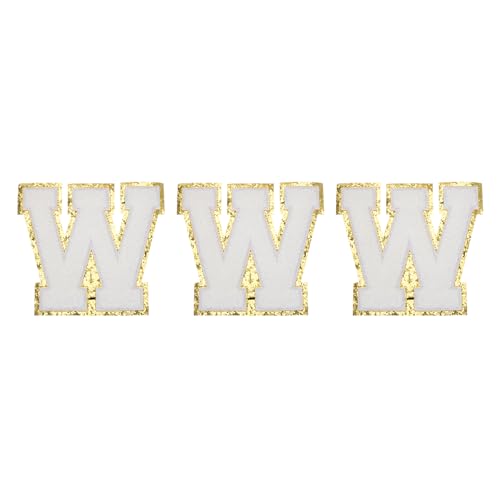 QUARKZMAN Chenille-Buchstaben W Patches Große Größe 4-1/2 Zoll Bügelbuchstaben W Patches Goldene Glitzerstickerei für Kleidung, Schuhe, Hüte, Rucksäcke Packung mit 3 (Weiß) von QUARKZMAN