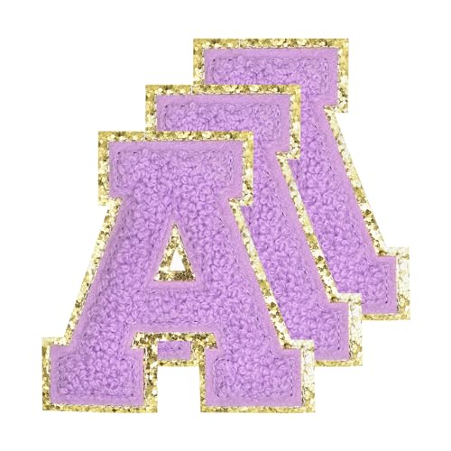 QUARKZMAN Chenille-Buchstaben und Patches in großer Größe 80mm/3,15 Zoll, zum Aufbügeln, goldene Glitzerstickerei für Kleidung, Schuhe, Hüte, Rucksäcke, Packung mit 3 (Lila) von QUARKZMAN