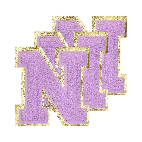 QUARKZMAN Chenille-Buchstaben und Patches in großer Größe 80mm/3,15 Zoll zum Aufbügeln, goldene Glitzerstickerei für Kleidung, Schuhe, Hüte, Rucksäcke, Packung mit 3 (Lila) von QUARKZMAN