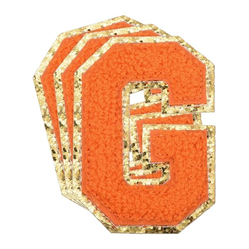QUARKZMAN Chenille-Buchstaben x Patches Große Größe 3,15"x2,17" Bügel-Buchstaben x Patches Goldene Glitzerstickerei, für Kleidung, Schuhe, Hüte, Rucksäcke, Packung mit 3 (Orange) von QUARKZMAN