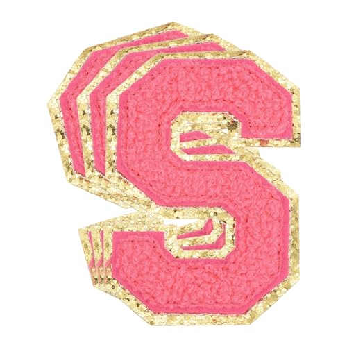 QUARKZMAN Chenille-Buchstaben x Patches Große Größe 3,15"x2,17" Bügel-Buchstaben x Patches Goldene Glitzerstickerei für Kleidung, Rucksäcke Packung mit 3 (Hot Pink) von QUARKZMAN