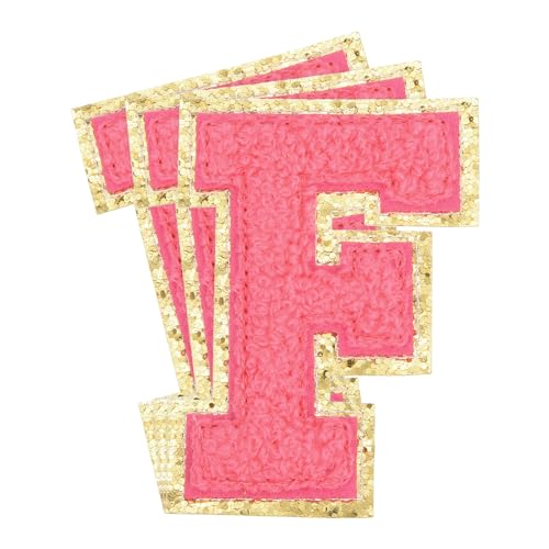 QUARKZMAN Chenille-Buchstaben x Patches Große Größe 3,15"x2,17" Bügel-Buchstaben x Patches Goldene Glitzerstickerei für Kleidung, Schuhe, Hüte, Rucksäcke Packung mit 3 (Hot Pink) von QUARKZMAN