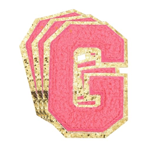 QUARKZMAN Chenille-Buchstaben x Patches Große Größe 3,15"x2,17" Bügel-Buchstaben x Patches Goldene Glitzerstickerei für Kleidung, Schuhe, Hut, Rucksäcke Packung mit 3 (Hot Pink) von QUARKZMAN