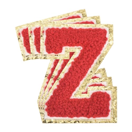 QUARKZMAN Chenille-Buchstaben x Patches Große Größe 3,15"x2,24" Bügel-Buchstaben x Patches Goldene Glitzerstickerei für Kleidung, Schuhe, Hüte, Rucksäcke Packung mit 3 (Rot) von QUARKZMAN