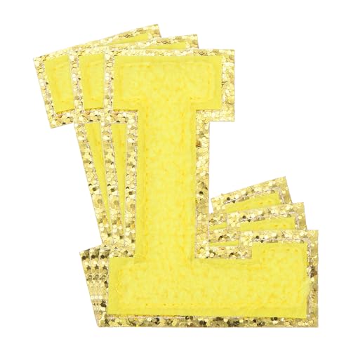QUARKZMAN Chenille-Buchstaben x Patches Große Größe 3,15"x2,36" Bügel-Buchstaben x Patches Goldene Glitzerstickerei für Kleidung, Schuhe, Hüte, Rucksäcke Packung mit 3 (Gelb) von QUARKZMAN