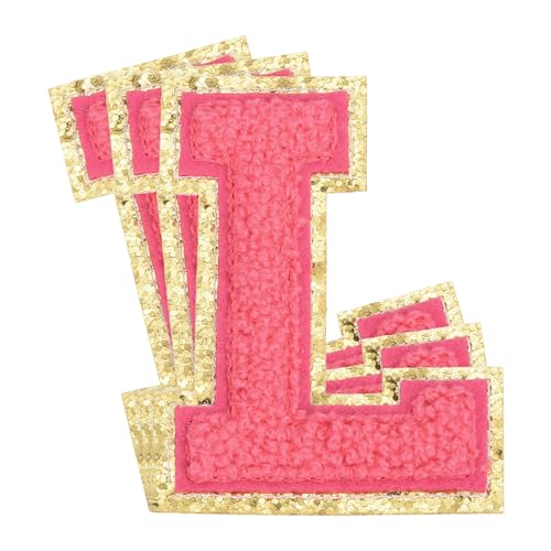 QUARKZMAN Chenille-Buchstaben x Patches Große Größe 3,15"x2,36" Bügel-Buchstaben x Patches Goldene Glitzerstickerei für Kleidung, Schuhe, Hüte, Rucksäcke Packung mit 3 (Hot Pink) von QUARKZMAN