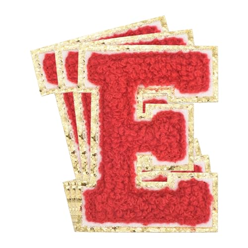 QUARKZMAN Chenille-Buchstaben x Patches Große Größe 3,15"x2,36" Bügel-Buchstaben x Patches Goldene Glitzerstickerei für Kleidung, Schuhe, Hüte Rucksäcke Packung mit 3 (Rot) von QUARKZMAN