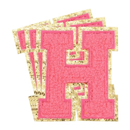 QUARKZMAN 3 Stück Buchstaben zum Aufbügeln, 80 mm Selbstklebende Chenille Buchstaben H mit Glitzer-Goldrand, Gestickter Patch zum Aufbügeln für Kleidung, Taschen, Hut, DIY (Rosenrot) von QUARKZMAN