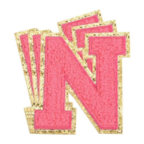 QUARKZMAN Chenille-Buchstaben x Patches Große Größe 3,15"x2,76" Aufbügelbare Buchstaben x Patches Goldene Glitzerstickerei für Kleidung, Hüte, Rucksäcke Packung mit 3 (Hot Pink) von QUARKZMAN