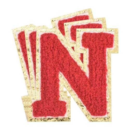 QUARKZMAN Chenille-Buchstaben x Patches Große Größe 3,15"x2,76" Aufbügelbare Buchstaben x Patches Goldene Glitzerstickerei für Kleidung, Hüte, Rucksäcke Packung mit 3 (Rot) von QUARKZMAN