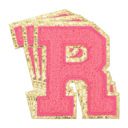 QUARKZMAN Chenille-Buchstaben x Patches Große Größe 3,15"x2,76" Aufbügelbare Buchstaben x Patches Goldene Glitzerstickerei für Kleidung, Schuhe, Hüte, Rucksäcke Packung mit 3 (Hot Pink) von QUARKZMAN