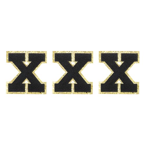 QUARKZMAN Chenille-Buchstaben x Patches Große Größe 80mm/3,15 Zoll Bügelbuchstaben x Patches Goldene Glitzerstickerei für Kleidung, Schuhe, Hüte, Rucksäcke Packung mit 3 (Schwarz) von QUARKZMAN