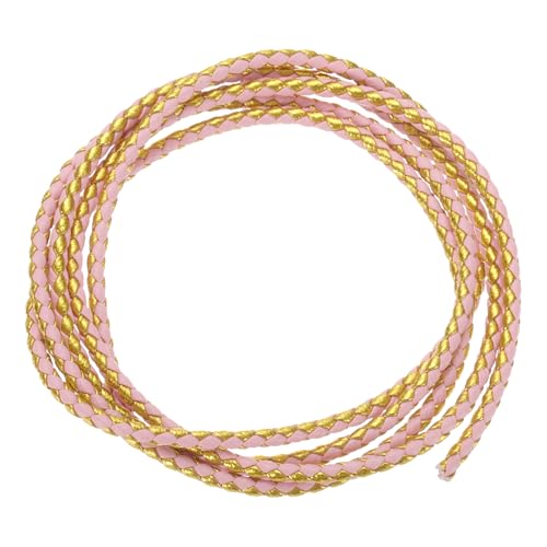 QUARKZMAN Geflochtene Lederbänder, Rundes Lederband, Weiches Schmucklederseil für Schmuckherstellung, Binden, Halsketten (3mm, 1 Yard, Pink/Gold) von QUARKZMAN