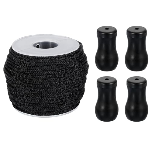 QUARKZMAN Geflochtener Aufzugsschnur, 1,8 mm 55 Yards/Rolle Nylonschnur mit 4 Stück Holz-Blindzugknöpfen für die Reparatur von römischen Jalousienrollen Vorhanghandwerk DIY (Schwarz) von QUARKZMAN
