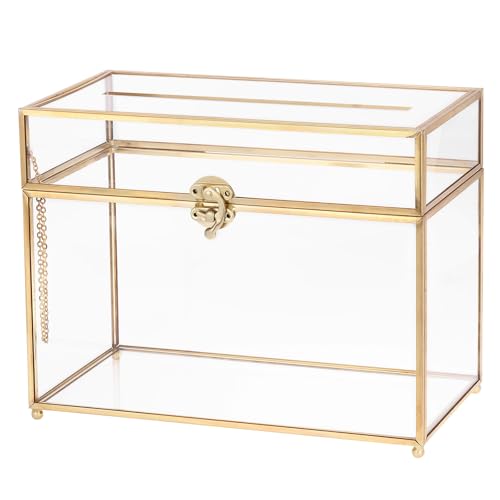 QUARKZMAN Glas-Kartenbox Hochzeitskartenbox mit Schloss für Hochzeitsfeier, 25,5 cm x 14,5 cm x 20 cm Umschlagkartenhalter für Empfang, Abschlussfeier, Geschenkkarten, Gold von QUARKZMAN