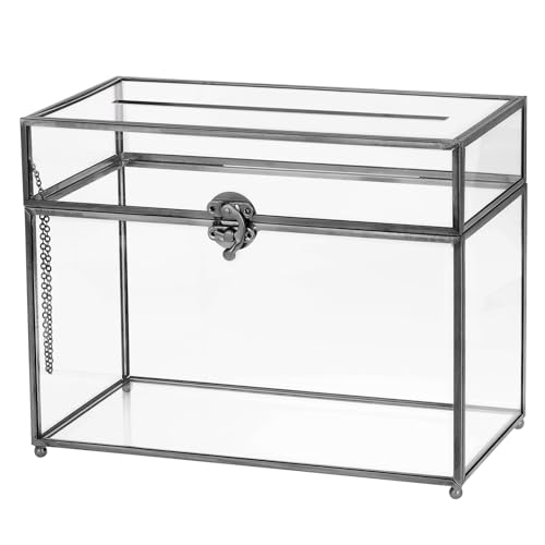 QUARKZMAN Glas-Kartenbox Hochzeitskartenbox mit Schloss für Hochzeitsfeier, 25,5 cm x 14,5 cm x 20 cm Umschlagkartenhalter für Empfang, Abschlussfeier, Geschenkkarten, Schwarz von QUARKZMAN