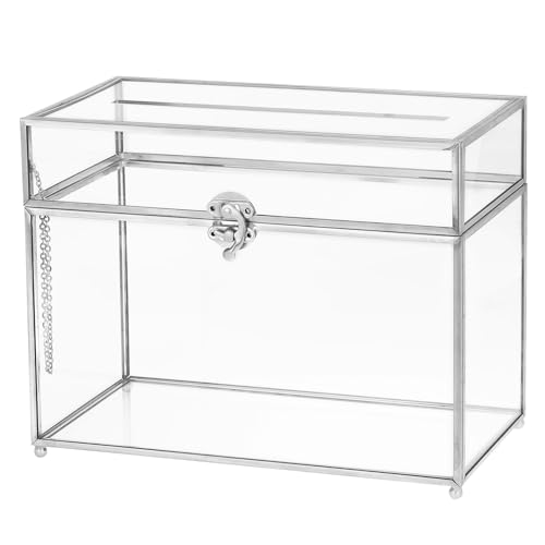 QUARKZMAN Glas-Kartenbox Hochzeitskartenbox mit Schloss für Hochzeitsfeier, 25,5 cm x 14,5 cm x 20 cm Umschlagkartenhalter für Empfang, Abschlussfeier, Geschenkkarten, Silber von QUARKZMAN