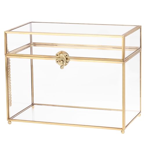 QUARKZMAN Glas-Kartenbox Hochzeitskartenbox mit Schloss für Hochzeitsfeier, 25,5 cm x 14,5 cm x 20 cm Umschlagkartenhalter für Empfang, Abschlussfeier, Gold von QUARKZMAN