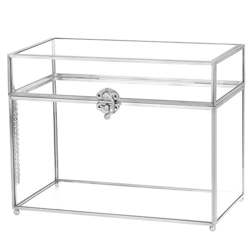 QUARKZMAN Glas-Kartenbox Hochzeitskartenbox mit Schloss für Hochzeitsfeier, 25,5 cm x 14,5 cm x 20 cm Umschlagkartenhalter für Empfang, Abschlussfeier, Silber von QUARKZMAN