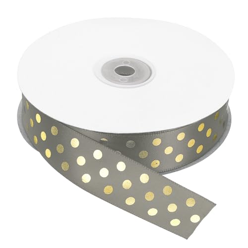 QUARKZMAN 2.5cm x 46M Polyester Satinband, Geschenkband mit Goldpunkten bunte bänder Stoffband für Geschenkschleife DIY Basteln Ostern Halloween Hochzeit Party, Schleifenband Dunkelgrau von QUARKZMAN