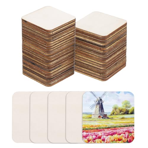 QUARKZMAN Holz zum Basteln, 50 Stück 4cm Abgerundete Quadratische Holzscheiben Deko zum Bemalen, für Hochzeit，DIY Basteln, Brandmalerei，Geschenk，Weihnachtsschmuck von QUARKZMAN