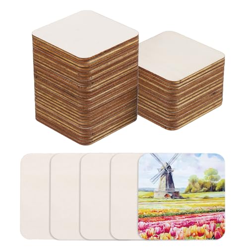 QUARKZMAN Holz zum Basteln, 50 Stück 6cm Abgerundete Quadratische Holzscheiben Deko zum Bemalen, für Hochzeit，DIY Basteln, Brandmalerei，Geschenk，Weihnachtsschmuck von QUARKZMAN