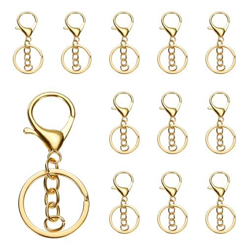 QUARKZMAN 12 Stück Schlüsselanhänger 12mm, Schlüsselring mit Flachem Karabiner und Kette für DIY Bastel, Glückswürmchen, Sorgenwürmchen, Makramee (Golden) von QUARKZMAN