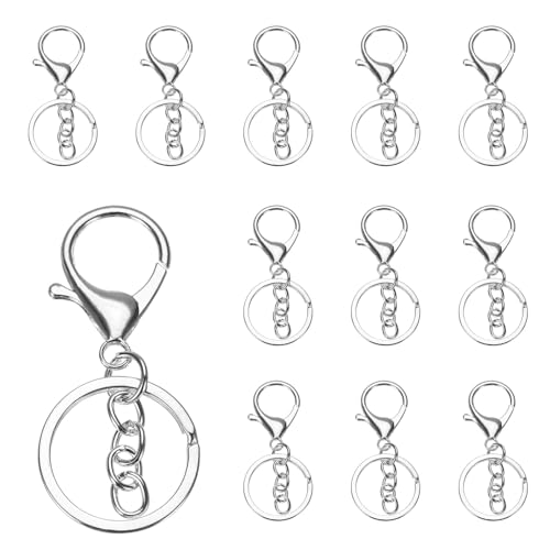 QUARKZMAN 12 Stück Schlüsselanhänger 12mm, Schlüsselring mit Flachem Karabiner und Kette für DIY Bastel, Glückswürmchen, Sorgenwürmchen, Makramee (Silber) von QUARKZMAN