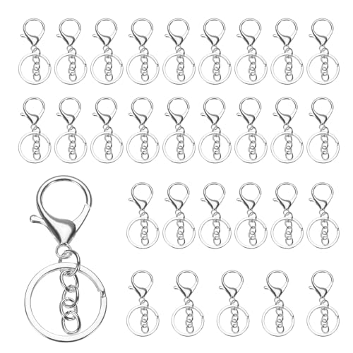 QUARKZMAN Hummerklaue Karabiner Schlüsselanhänger, 30 Stück Hummerklaue Karabinerhaken mit flachem Schlüsselring und Kette für DIY Bastel-Schlüsselanhänger, Silber von QUARKZMAN