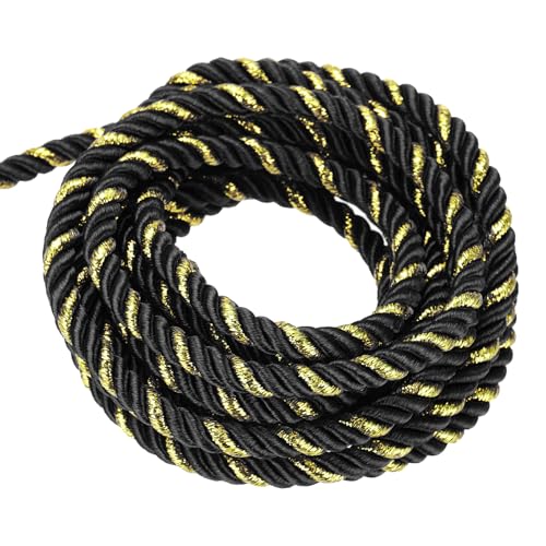 QUARKZMAN Kordel Satinkordel Gedrehte Kordelschnur, 5mm 3 Stränge Geflochtenes Seil Glänzender Faden Schnur für Handwerk Geschenktasche Vorhang Weihnachtsdekoration, Schwarz & Gold-15m von QUARKZMAN