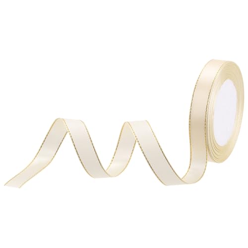 QUARKZMAN Satinband Geschenkband Cremeweiß 15mm Brei mit goldenem Rand, 22m Dekoration Geschenkband, Schleifenband Satin für Hochzeit, Bastelarbeiten und Geschenkverpackung von QUARKZMAN