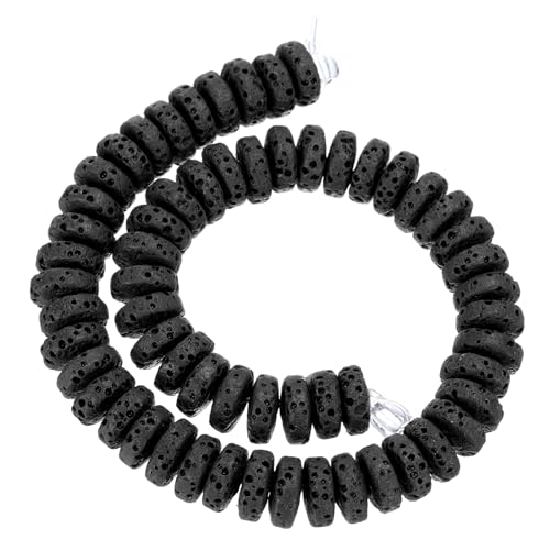 QUARKZMAN Schwarze Vulkansteinperlen 8x3mm Ätherisches Öl Diffuser, Vulkanstein lose flache runde Perle für DIY Schmuck Armband (1 Strang, 55 Stück) von QUARKZMAN