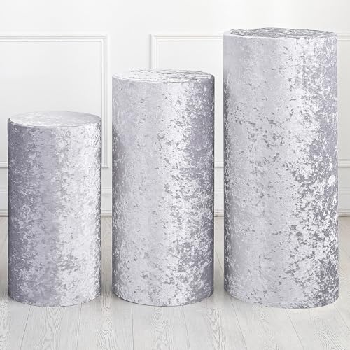 QUARKZMAN Set aus 3 Silberfarbenen Zylinder Spandex Standabdeckungen, Plinth Standabdeckung für Party Hochzeit Geburtstagsdekoration, Enthält nur Zylinderabdeckungen (Samtstoff Groß) von QUARKZMAN