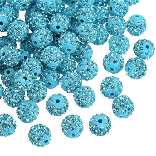 QUARKZMAN Strass-Tonperlen, 10 mm, Polymer-Ton, Kristallperlen, runde, glänzende Disco-Kugelperlen, Großpackung für die Herstellung von Schmuck (Seeblau), 150 Stück von QUARKZMAN