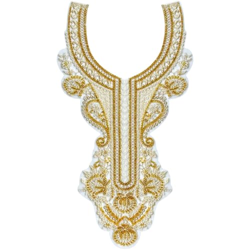 QUEENYARD Bestickte Applikation, Perlenaufnäher zum Aufnähen auf Kragen, für Hochzeitskleid, Abendkleid, bestickte Perlen, zum Aufnähen, Spitzenapplikation für Kleidung von QUEENYARD