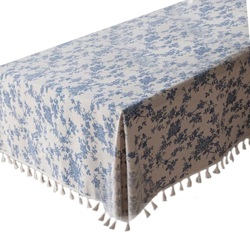 QUEENYARD Blaue Porzellan-Tischdecke, blauer Blumendruck, Baumwoll-Leinen-Tischdecke, Bauernhäuser, Esszimmer, Dekoration, waschbar, stabil, mehrere Größen von QUEENYARD