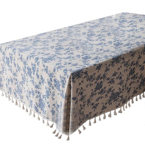QUEENYARD Blaue Porzellan-Tischdecke, blauer Blumendruck, Baumwoll-Leinen-Tischdecke, Bauernhäuser, Esszimmer, Dekoration, waschbar, stabil, mehrere Größen von QUEENYARD